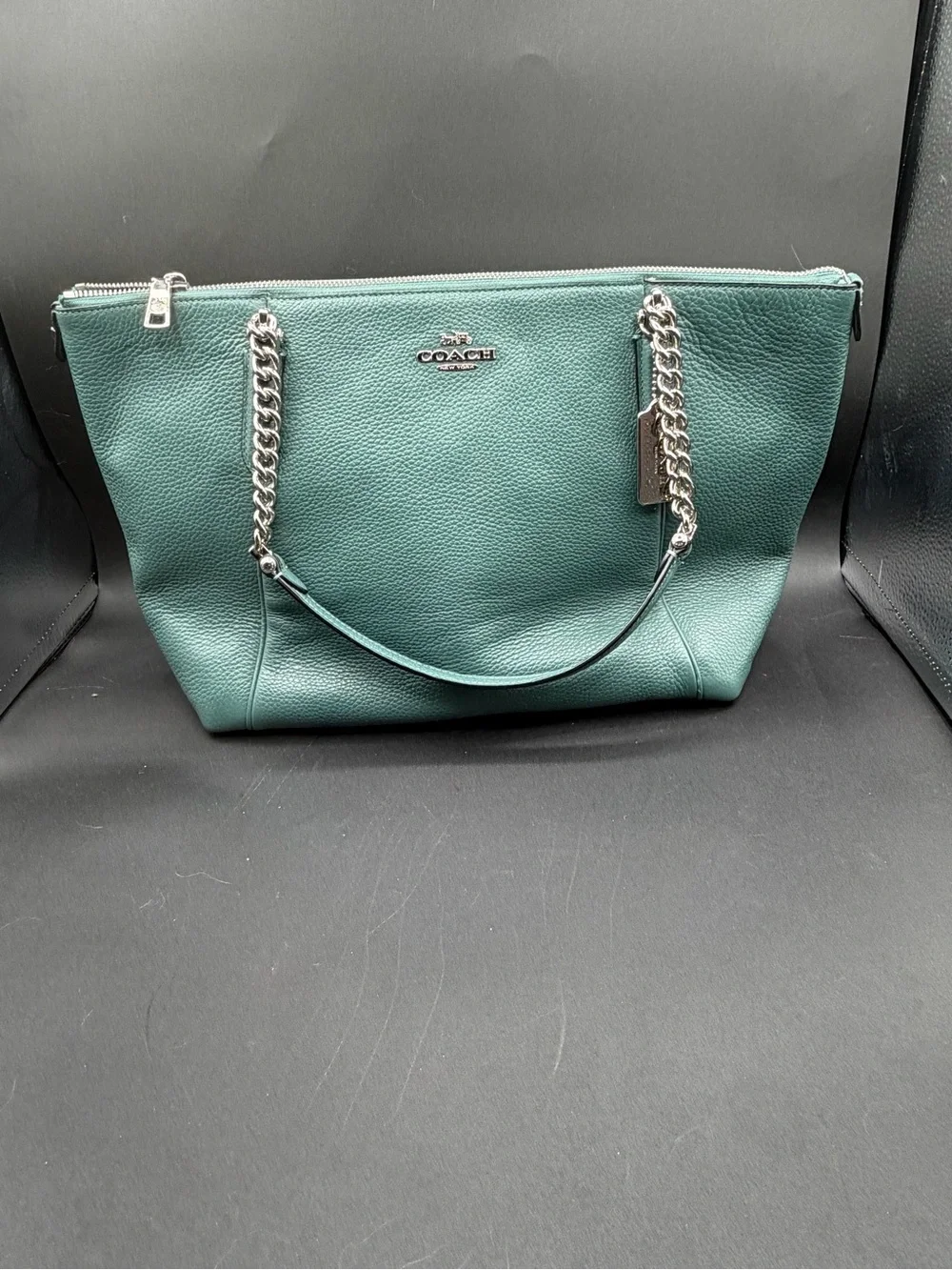 Coach Teal Pebbled Leather Tote Bag — Silver Chain Strap Shoulder Bag - Picture 1 of 8